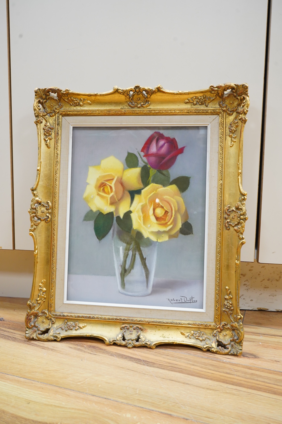 Robert Louis Raymond Duflos (1898-1929), Still life of yellow roses in a vase, signed, pastel, together with a similar oil on canvas, unsigned, largest 33 x 42cm, each in ornate frames